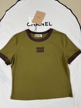 MIU MIU Vintage-Style Short-Sleeve Top in Army Green